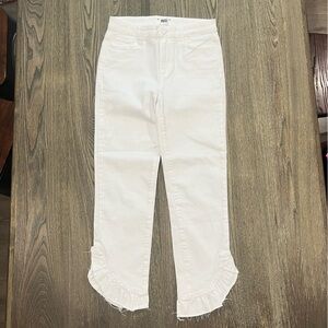 Paige Hoxton Straight Ankle Jeans Ruffled Hem Denim Stretch Crisp White Size 28